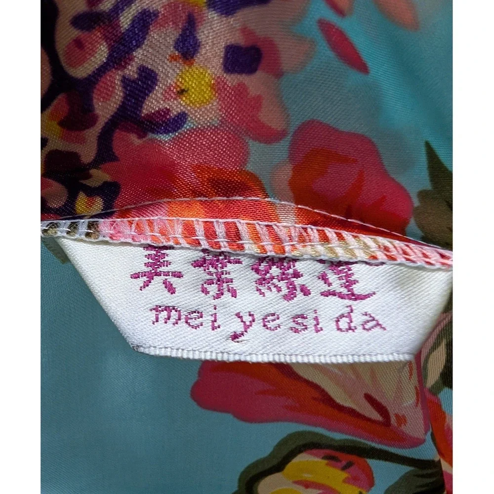 Mei Yesi Da Kimono Robe Blue Floral Satin Short‎ Sleeve Lightweight Women's